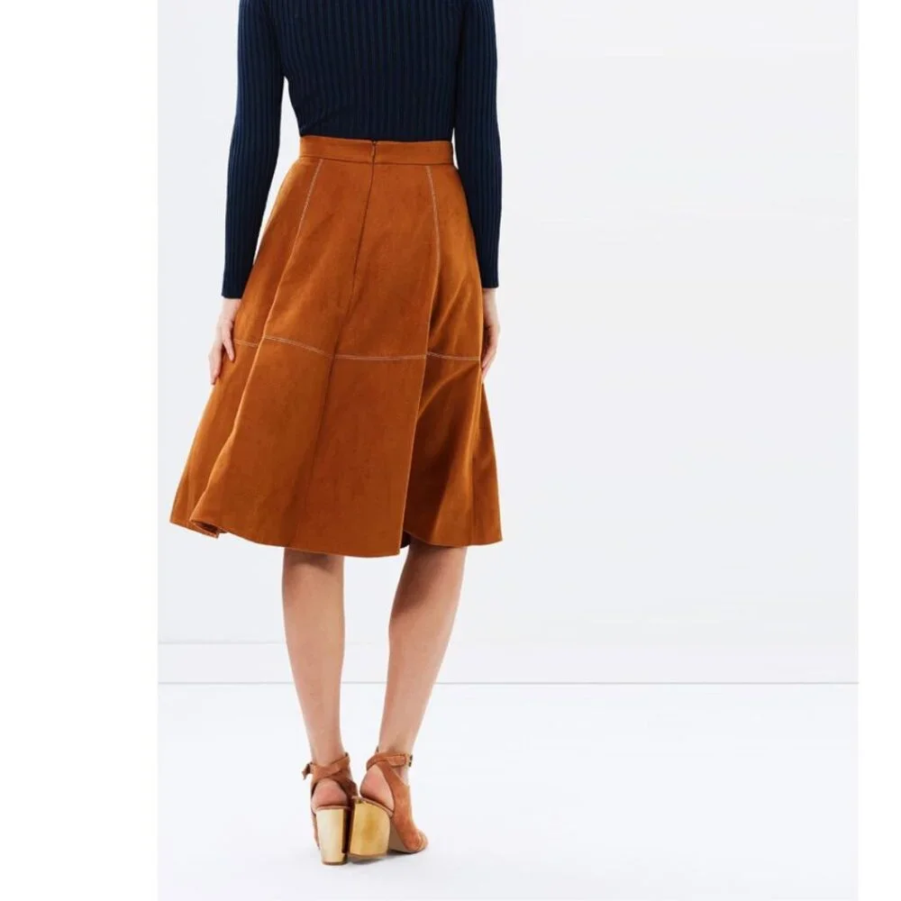 Karen Millen Brown Vegan Faux Suede Button Front Western A-Line Skirt Size 8